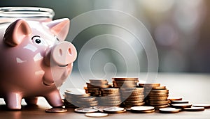 The piggy bank\'s overflow of coins illustrates savings and financial learning