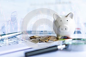Piggy bank saving and investment with statistics accounting info which including of many economic statistics business.