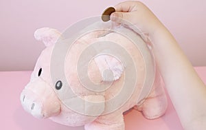 Piggy bank savings childs hand coins kids money trust fund pink furry finance