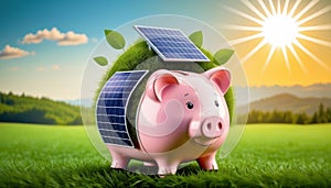 Piggy bank with savings deposits for sustainable, renewable solar energy