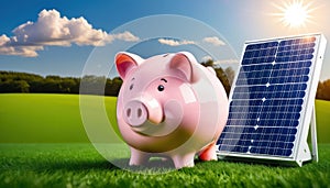 Piggy bank with savings deposits for sustainable, renewable solar energy