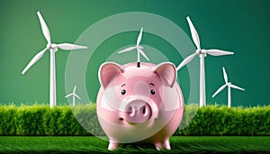 Piggy bank with savings deposits for sustainable, renewable wind power energy