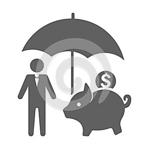 Piggy bank, savings protection, umbrella icon. Gray vector sketch