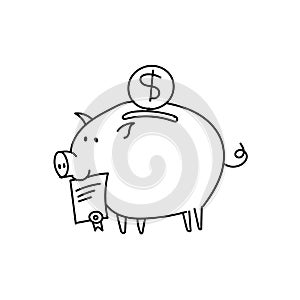 Piggy bank scetch. Bribe Pig with a document in the mouth