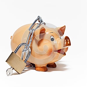 Piggy bank secured with padlock