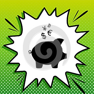 Piggy bank sign with the currencies. Black Icon on white popart Splash at green background with white spots. Illustration