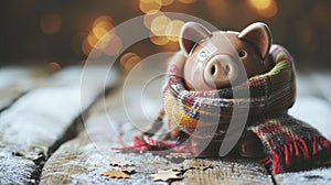 A piggy bank snug in a warm scarf by a frosty window, symbolizing savings in winter.