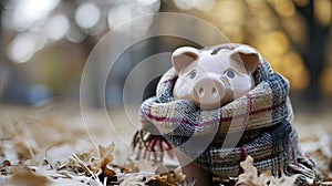 A piggy bank snug in a warm scarf by a frosty window, symbolizing savings in winter.