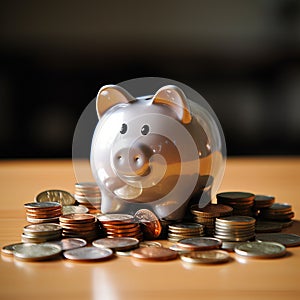 A piggy bank and a stack of coins engaged in an action scene depict the concept of saving money for the future and education.