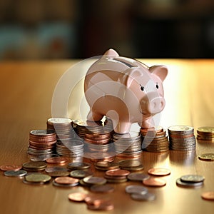 A piggy bank and a stack of coins engaged in an action scene depict the concept of saving money for the future and education.