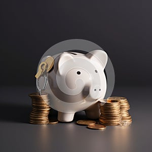 Piggy bank with stack of coins and key