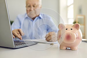 Piggy bank standing on desk with blurred senior man using laptop to pay bills online in background