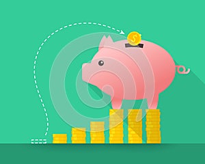 Piggy bank standing on stack of golden coins next to dotted line