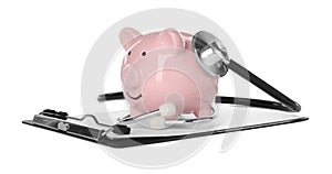 Piggy bank, stethoscope and clipboard on white background