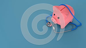 Piggy bank and stethoscope on a green background. Expensive medicine concept. Copy space for text. 3d render