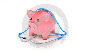 Piggy bank and stethoscope isolated on white. Savings concept for treatment. 3d render