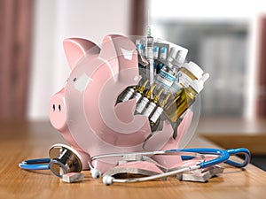 Piggy bank with stethoscope, meds, pills and vaccine. Healthcare, pharmacology, savings of doctors, medical insurance and cost of