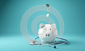 Piggy bank with stethoscope. Money box with falling coins. moneybox saving for medical insurance costs concept, 3D