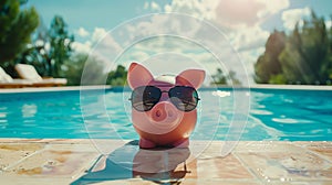 Piggy bank on a summer holiday relaxing by a pool. Travel cost and saving concept