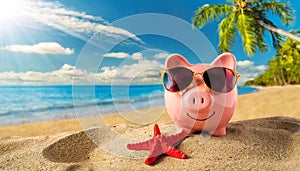 Piggy Bank with Sunglasses and Red Starfish on the Palm Beach - Generative Ai