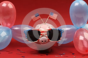 Piggy bank with sunglasses with USA flag and blue, red and white party balloons and two small USA flags on red background