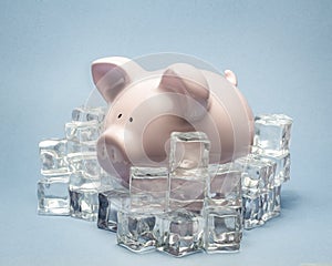 Piggy bank surrounded by ice cubes