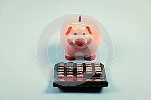 Piggy bank symbol money savings. Investments concept. Helping make smart financial choices. Pay taxes. Taxes calculator