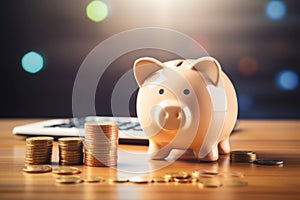 Piggy bank on table with coin stacks and calculator