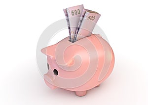 Piggy Bank With Thai Bhat Banknotes