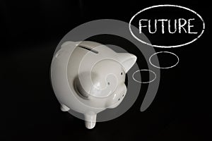 Piggy bank with thought bubbles, thinking FUTURE