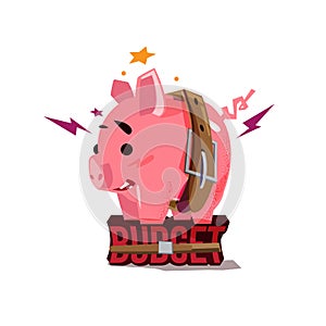Piggy bank tight with belt stand up on `Budget` text . tight budget concept - vector