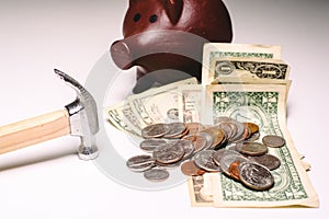 Piggy bank to calculate budget start of new year with dollar bills and coins to avoid financial crisis