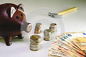 Piggy bank to calculate budget start of new year with euro banknotes and thus avoid financial crisis