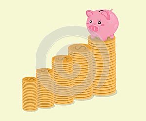 Piggy Bank in top of coins photo