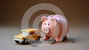 Piggy Bank and Toy Car on Brown Surface, AI Generated