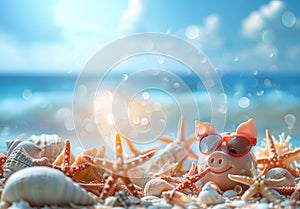 Piggy bank on a tropical beach among starfish and shells. Free space for text. Vacation on credit concept