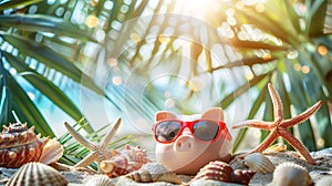 Piggy bank on a tropical beach among starfish and shells. Free space for text. Vacation on credit concept