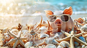 Piggy bank on a tropical beach among starfish and shells. Free space for text. Vacation on credit concept