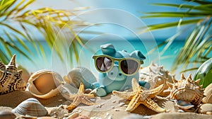 Piggy bank on a tropical beach among starfish and shells. Free space for text. Vacation on credit concept