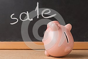 Piggy bank is turned in the direction of the board and looks at the announcement of the sale, the concept of savings