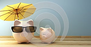 Piggy bank under umbrella with copy spave as 3d rendering concept