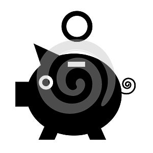 Piggy Bank. Vector Black Pig Icon with Coin