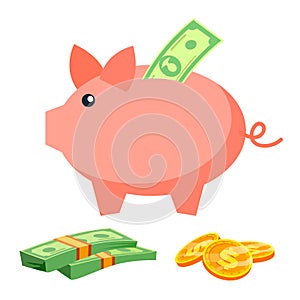 Piggy Bank Vector. Coins, Bills. Deposit Icon, Save Money. Business Investing Sign. Isolated Flat Cartoon Illustration