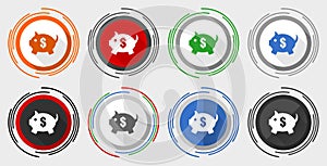 Piggy bank vector icons, set of colorful web buttons in eps 10