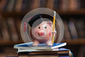 Piggy bank wearing graduation cap