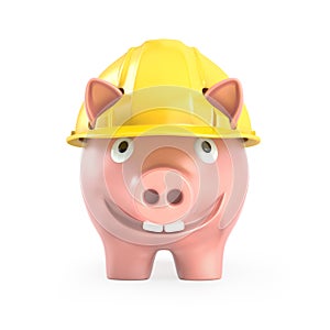 Piggy bank wears yellow helmet, front view