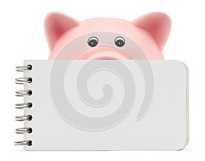 Piggy bank with white block notes