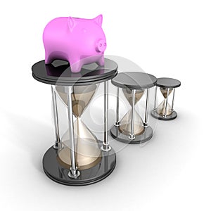 Piggy Bank White Hour Sandglasses. Time Is Money Concept