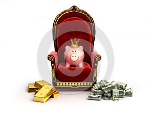 Piggy bank whith crown sits on the throne