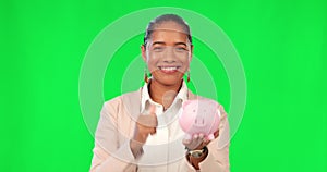 Piggy bank, woman and green screen, thumbs up and financial success for savings, finance security and cash. Save money